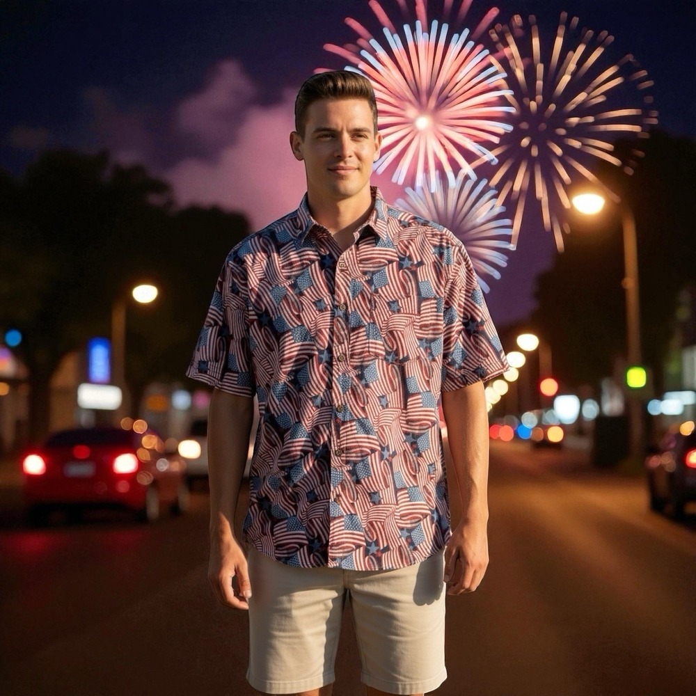 Cotton 🧨Traders 4th July American Patriotic Flag Short Sleeve Button-Up Shirt L